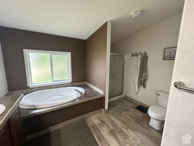 Full bathroom featuring vanity, toilet, hardwood / wood-style flooring, and independent shower and bath