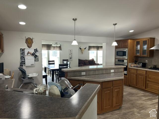 Kitchen featuring light wood-type flooring, hanging light fixtures, stainless steel appliances, and a healthy amount of sunlight