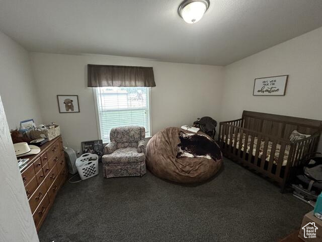 Carpeted bedroom featuring a crib