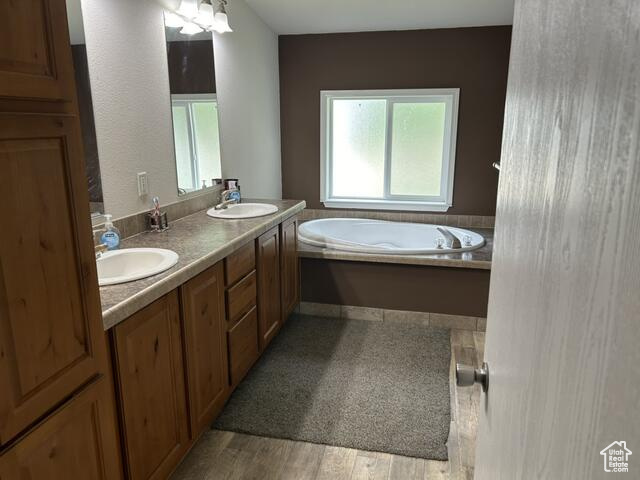 Bathroom featuring vanity, wood-type flooring, and a bath