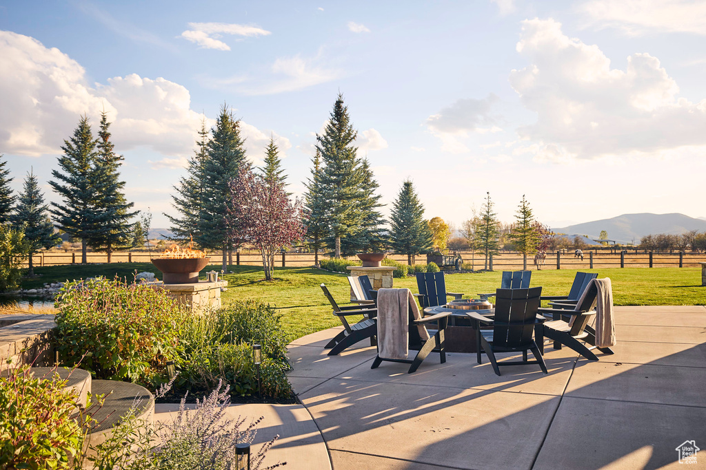 View of patio with a mountain view