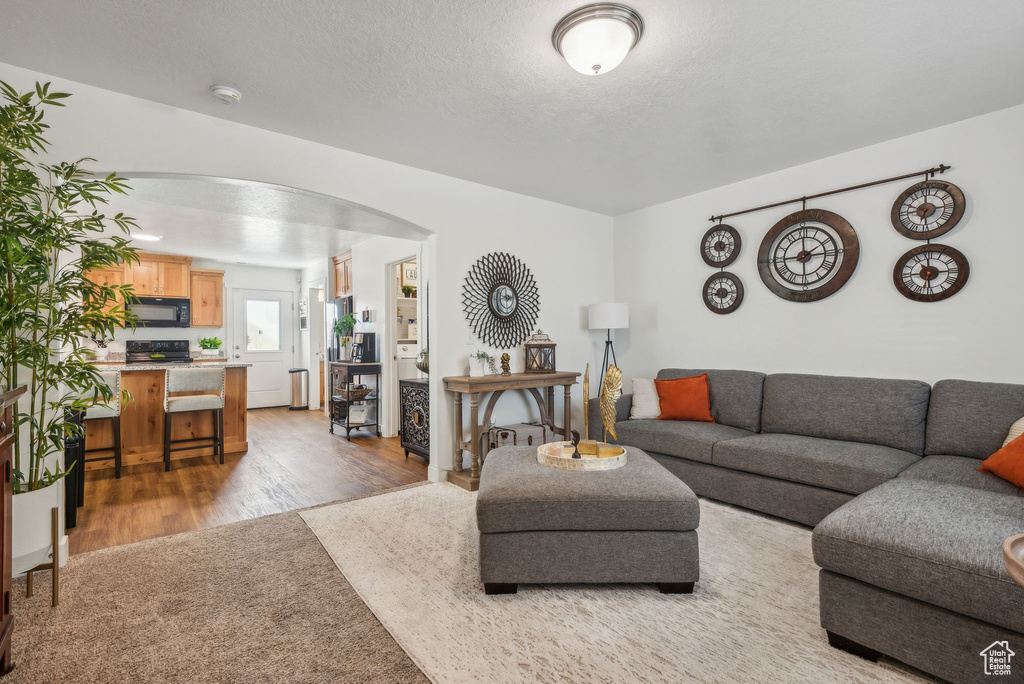 Living room featuring hardwood / wood-style floors and a textured ceiling