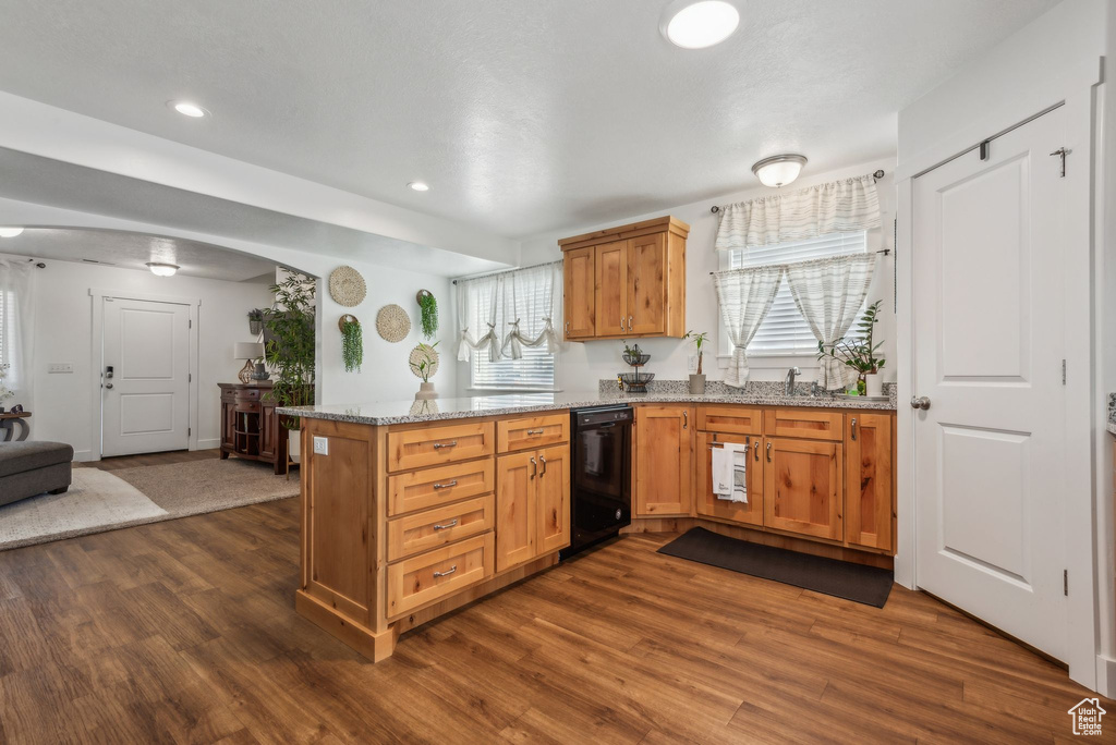 Kitchen featuring light stone counters, dark hardwood / wood-style flooring, kitchen peninsula, and dishwasher