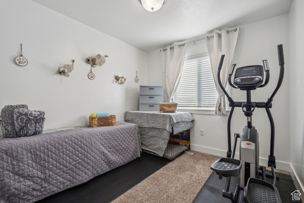 Bedroom with dark carpet