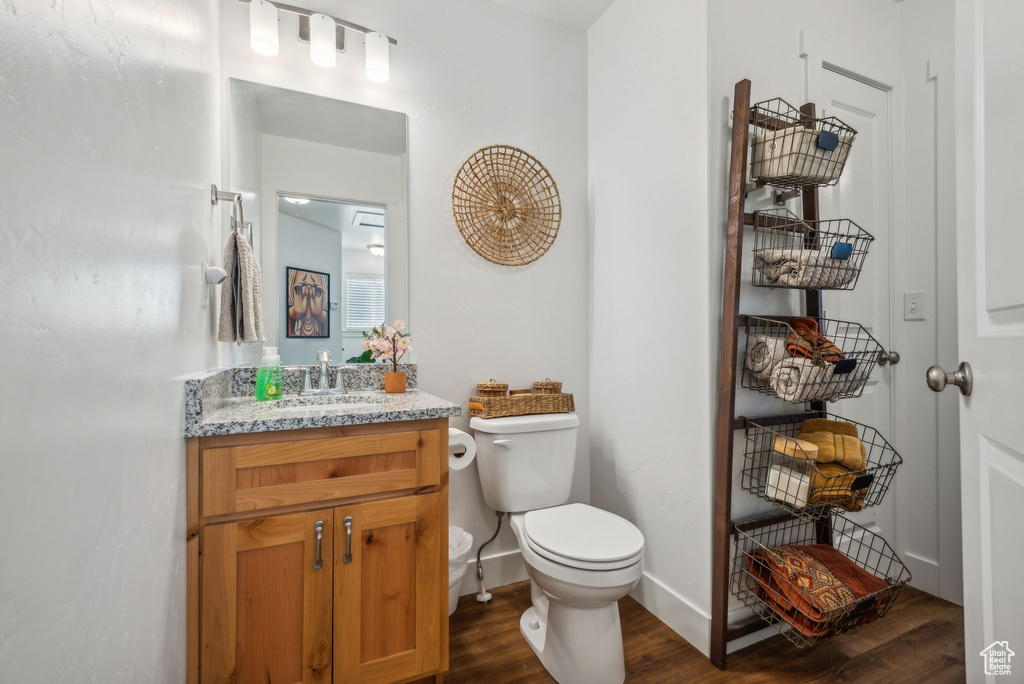 Bathroom with vanity, toilet, and wood-type flooring