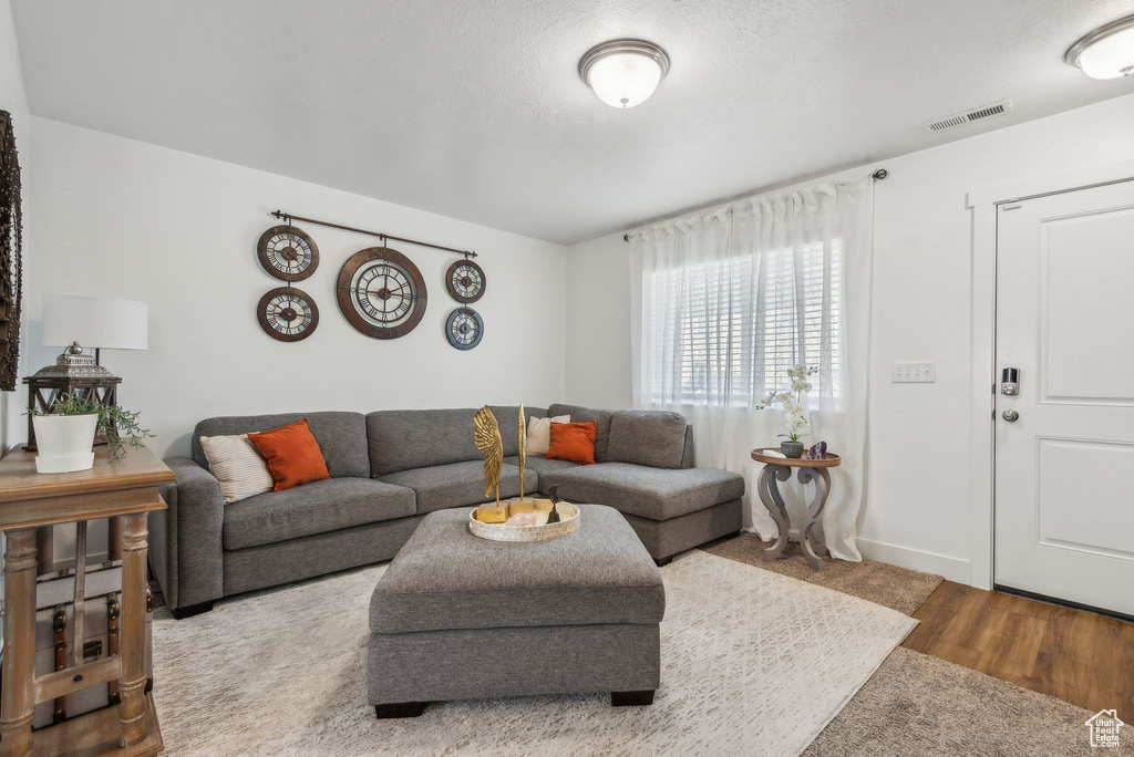 Living room featuring a textured ceiling and hardwood / wood-style flooring