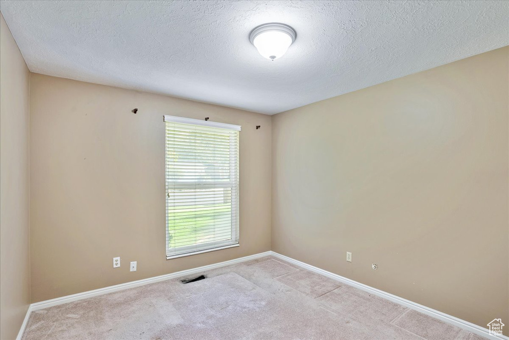 Unfurnished room featuring a textured ceiling and light colored carpet