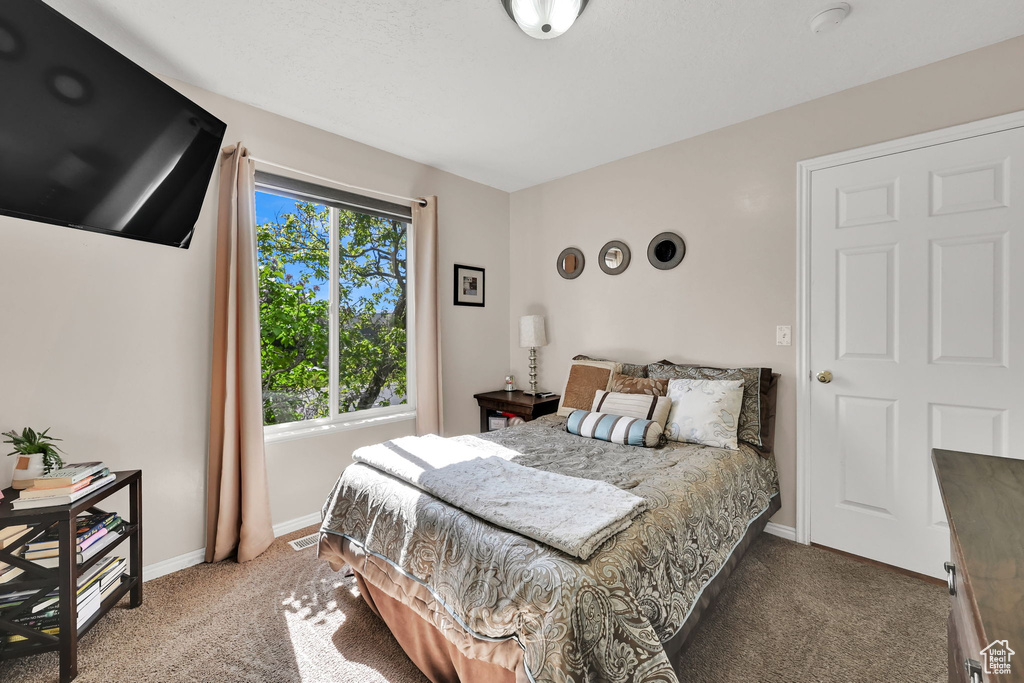 Bedroom with carpet flooring and baseboards