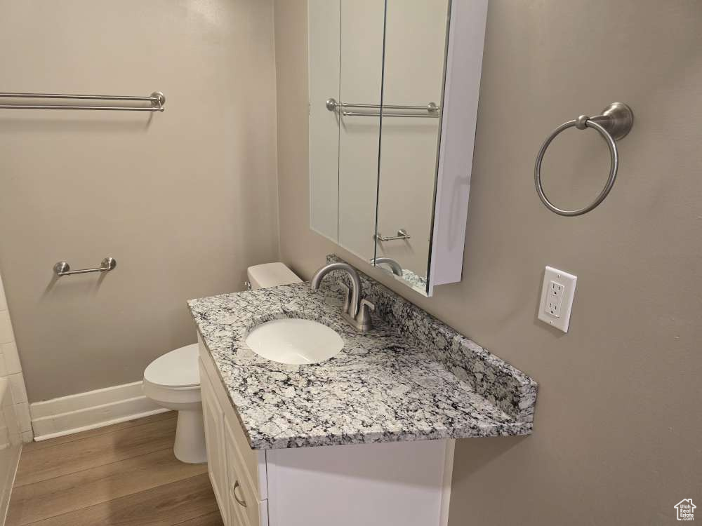 Bathroom featuring vanity, hardwood / wood-style flooring, and toilet