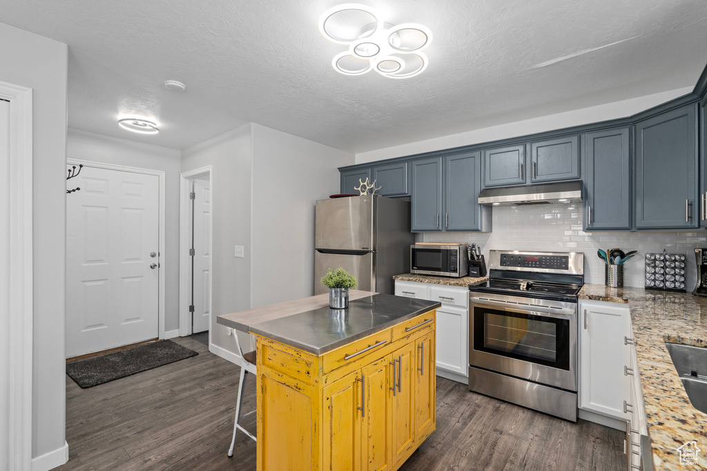 Kitchen with white cabinetry, stainless steel appliances, dark wood-type flooring, and a textured ceiling