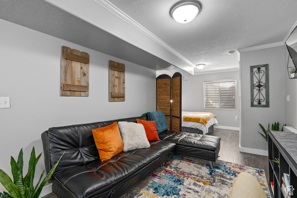 Living room featuring ornamental molding, hardwood / wood-style floors, and a textured ceiling