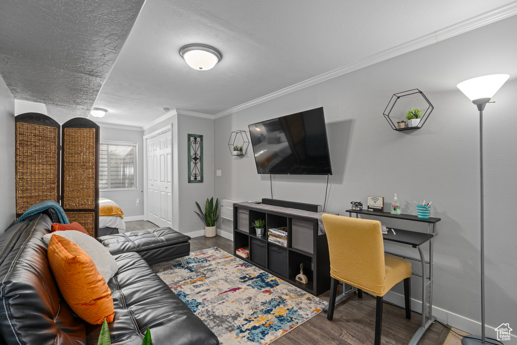 Living room featuring crown molding and dark hardwood / wood-style floors