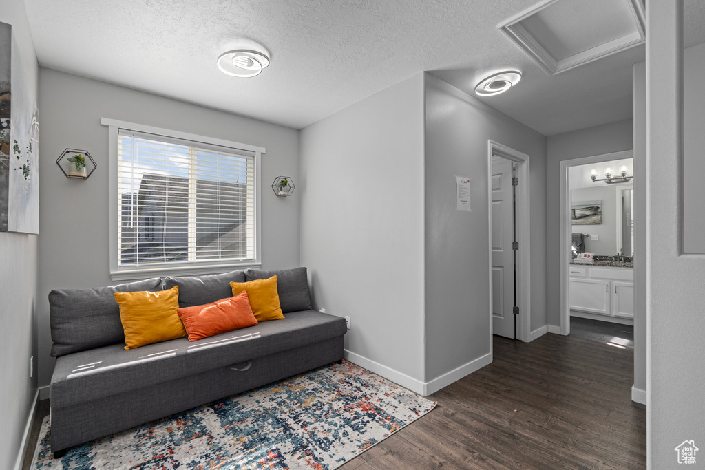 Living room with a textured ceiling and dark wood-type flooring