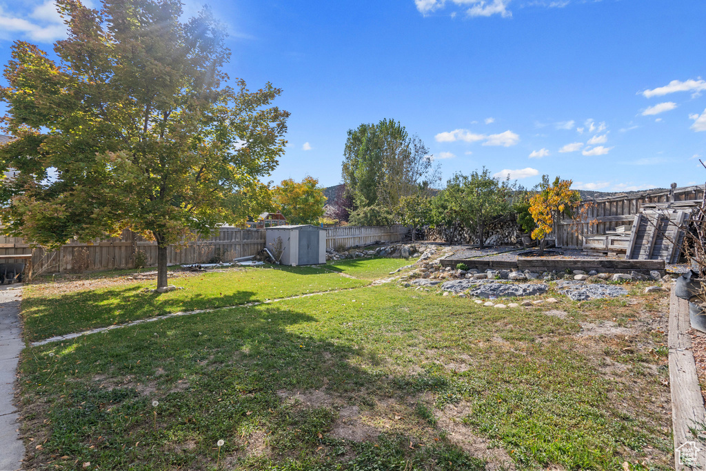 View of yard featuring a storage shed