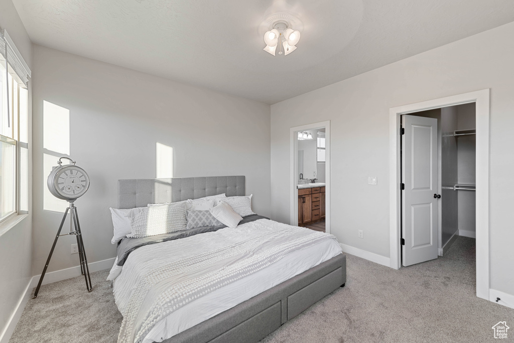 Bedroom featuring a spacious closet, connected bathroom, multiple windows, and light colored carpet