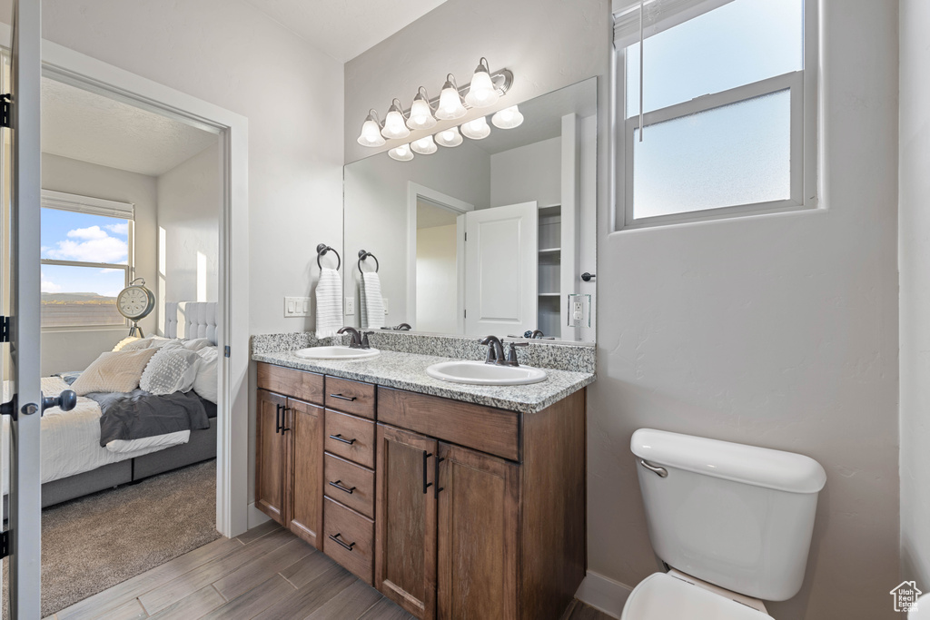 Bathroom featuring vanity, hardwood / wood-style flooring, and toilet