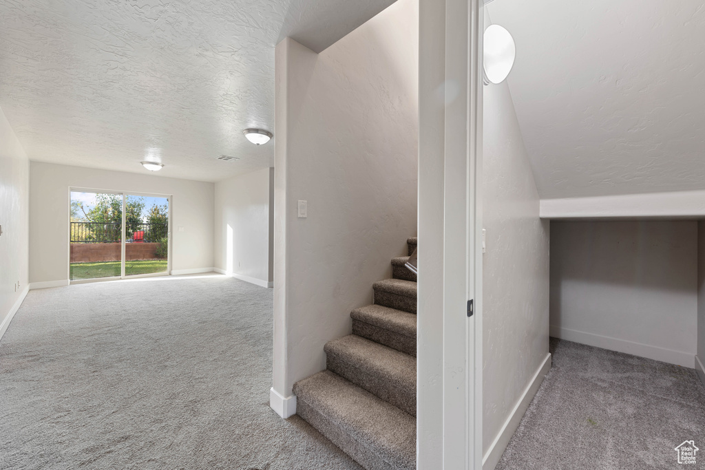 Stairs with carpet flooring and a textured ceiling