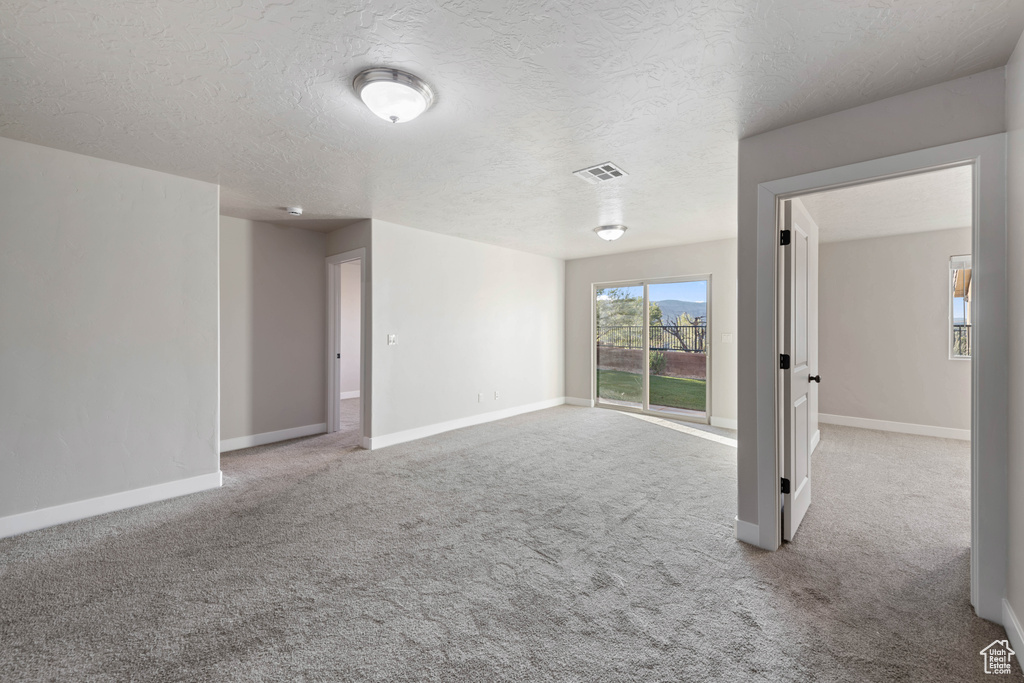 Unfurnished room featuring light carpet and a textured ceiling