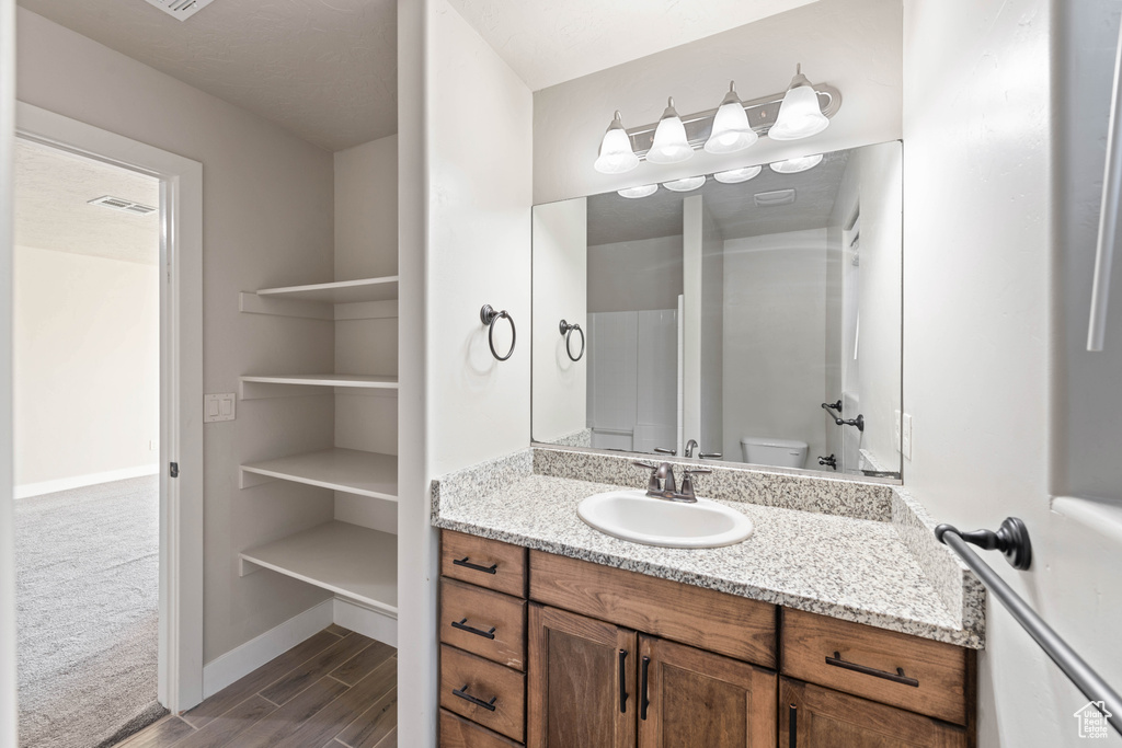 Bathroom with vanity, wood-type flooring, and toilet