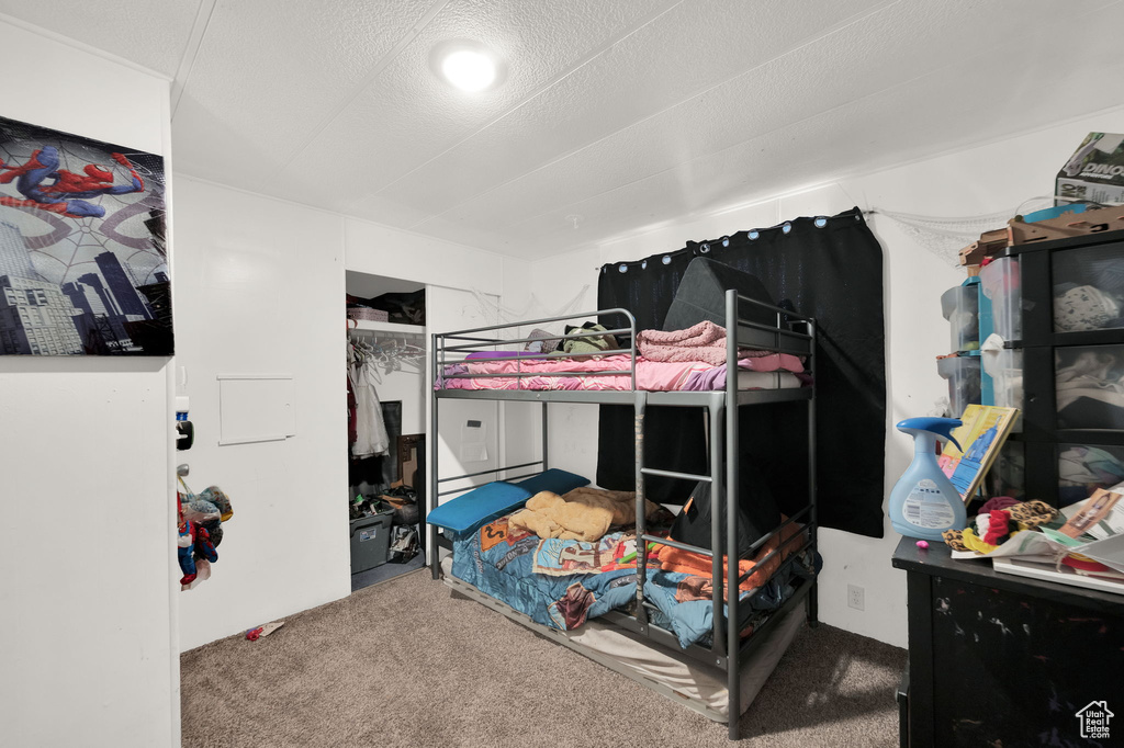 Bedroom with carpet flooring and a textured ceiling