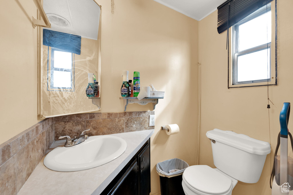 Bathroom featuring vanity, ornamental molding, and toilet