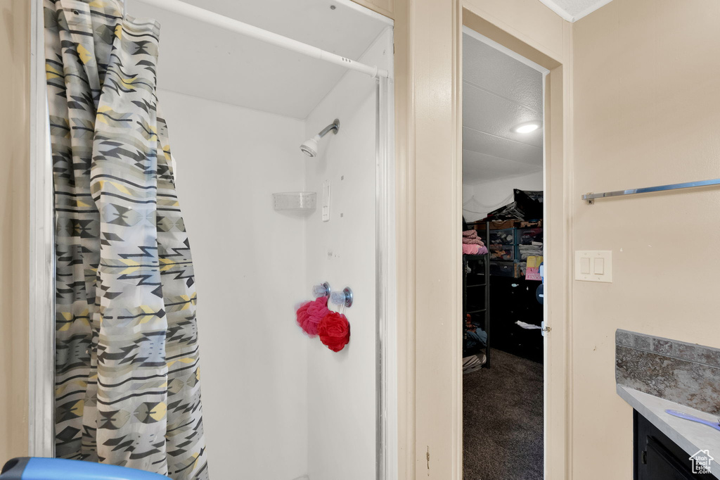 Bathroom with vanity and a shower with curtain