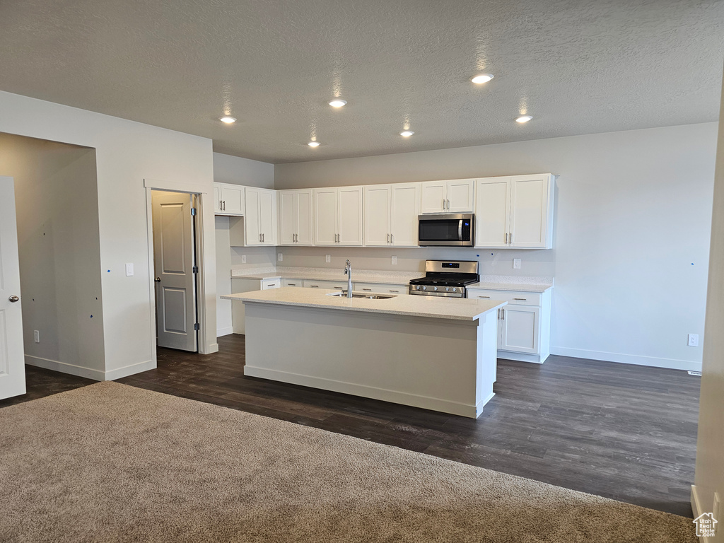 Kitchen with white cabinetry, stainless steel appliances, dark hardwood / wood-style flooring, and an island with sink