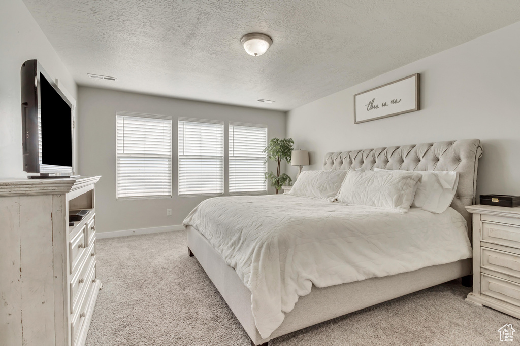 Bedroom with a textured ceiling and light colored carpet