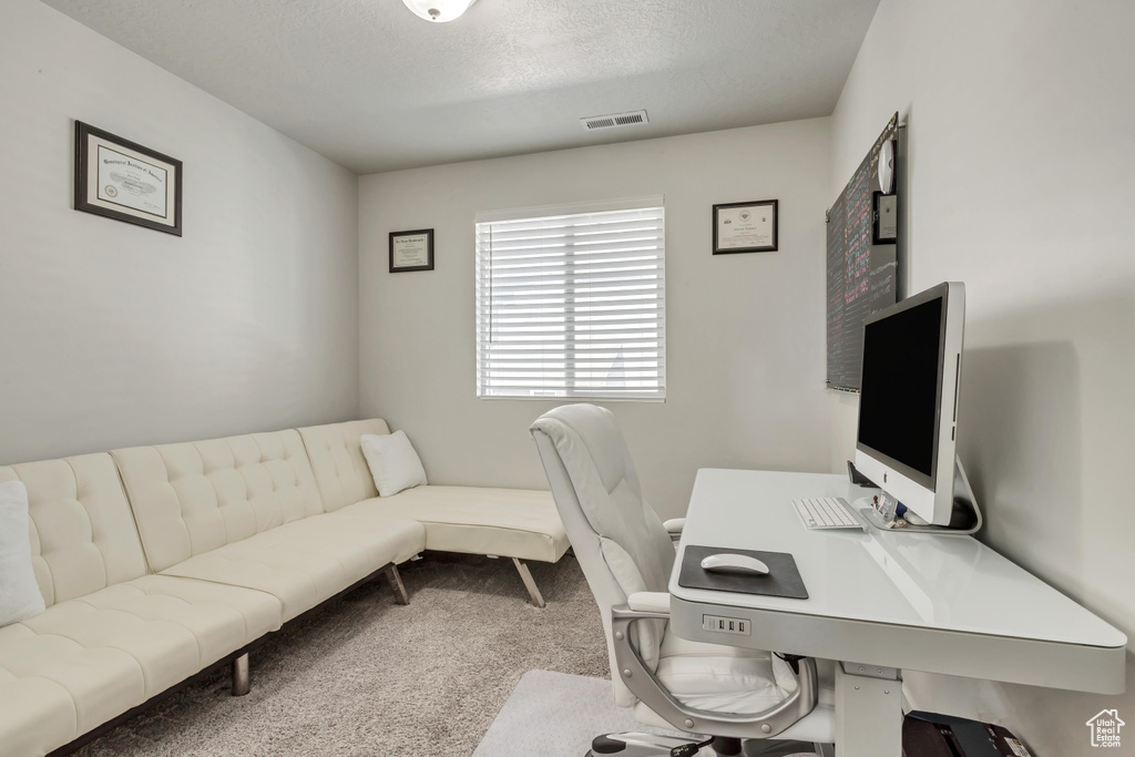 Office space with carpet floors and a textured ceiling