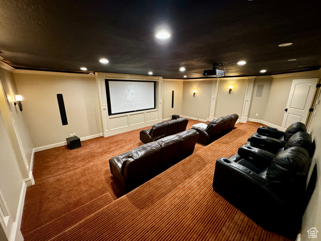 Carpeted cinema room featuring crown molding