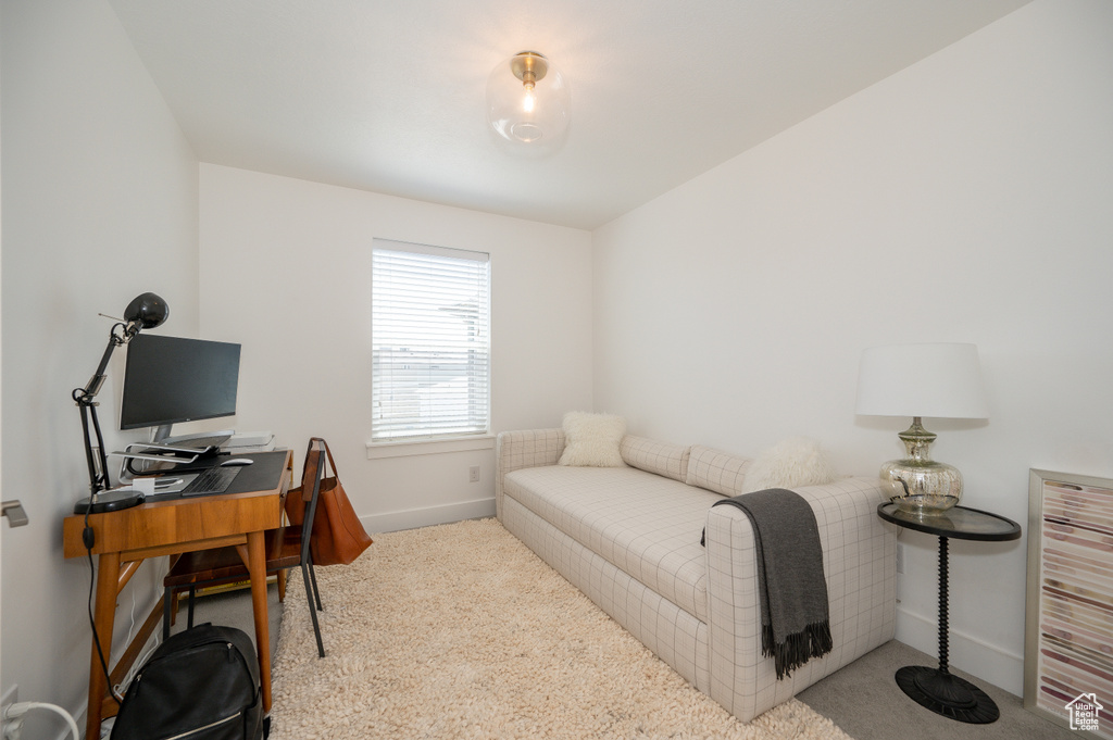 Bedroom with light colored carpet