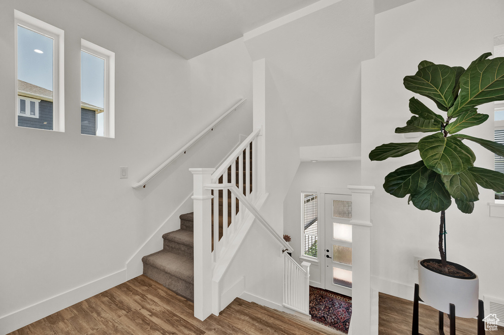 Stairway with hardwood / wood-style floors