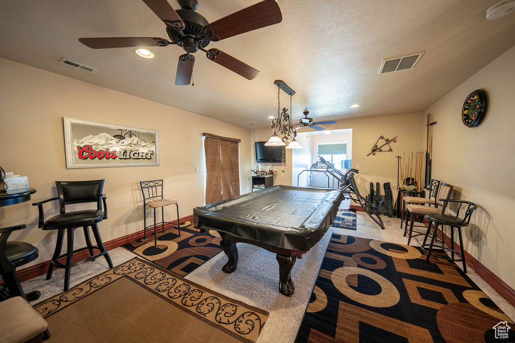 Playroom with carpet, a textured ceiling, billiards, and ceiling fan