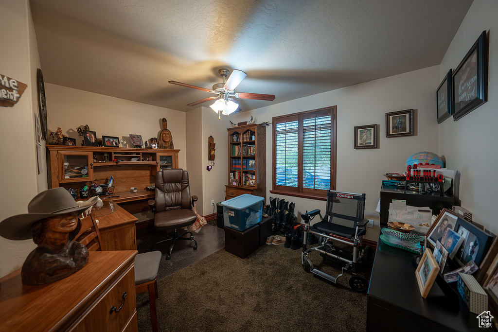 Office featuring a textured ceiling, carpet flooring, and ceiling fan