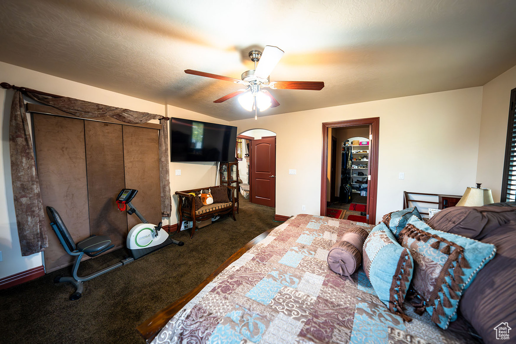 Carpeted bedroom featuring ceiling fan and a walk in closet