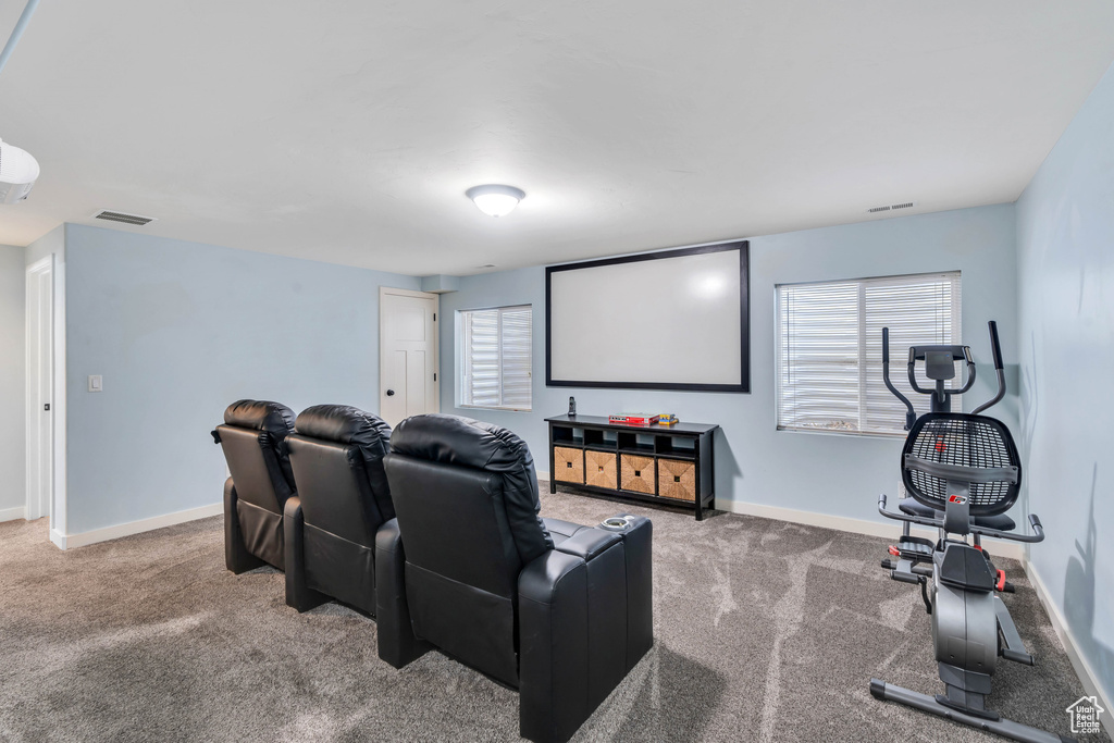 Cinema room featuring carpet floors, baseboards, and visible vents
