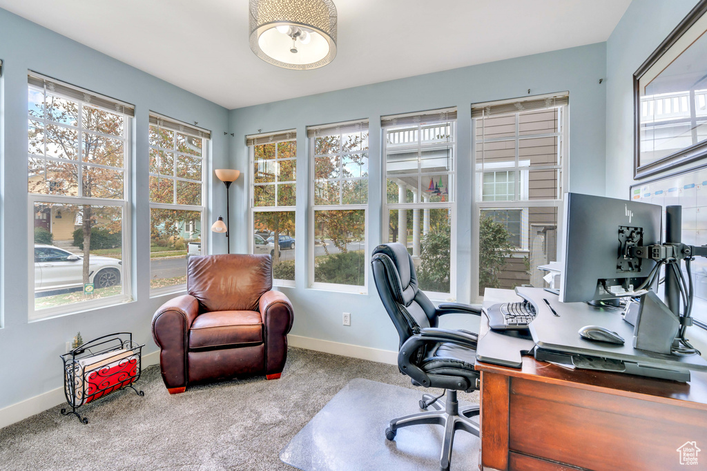 Carpeted home office featuring baseboards and plenty of natural light