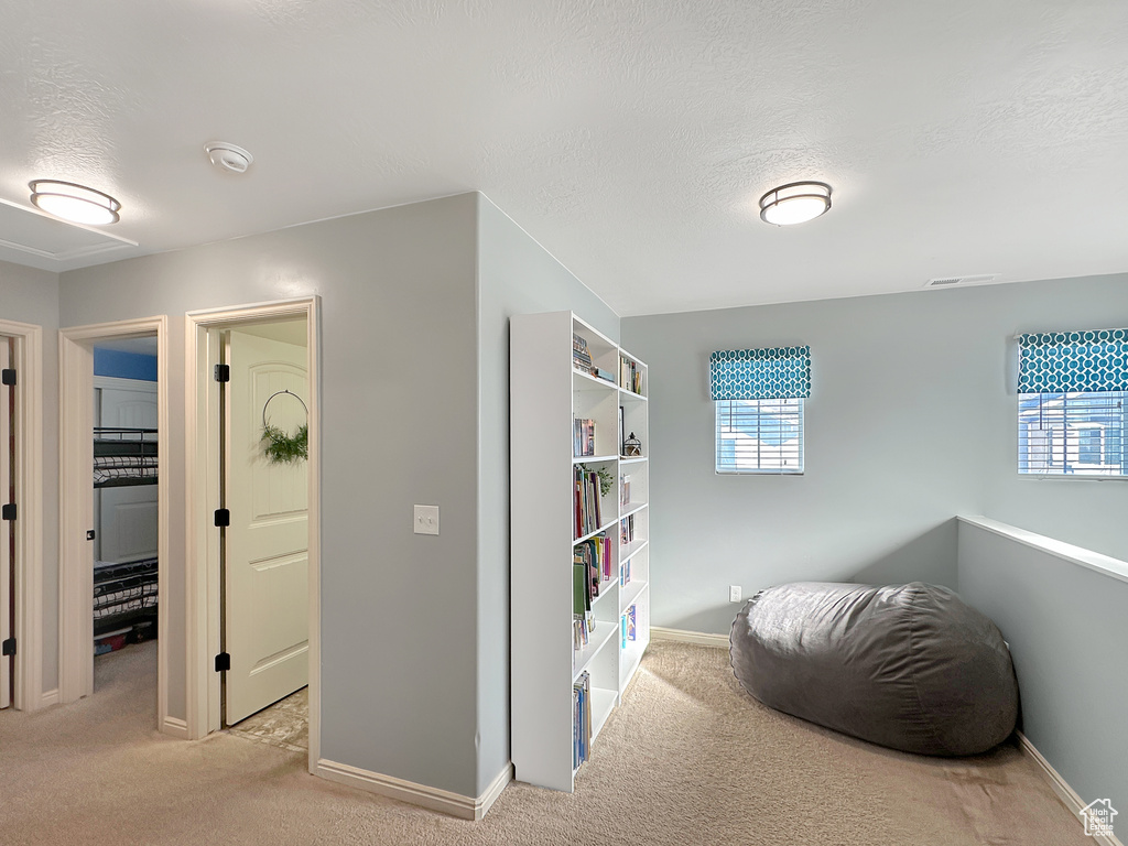 Living area with light carpet and a textured ceiling