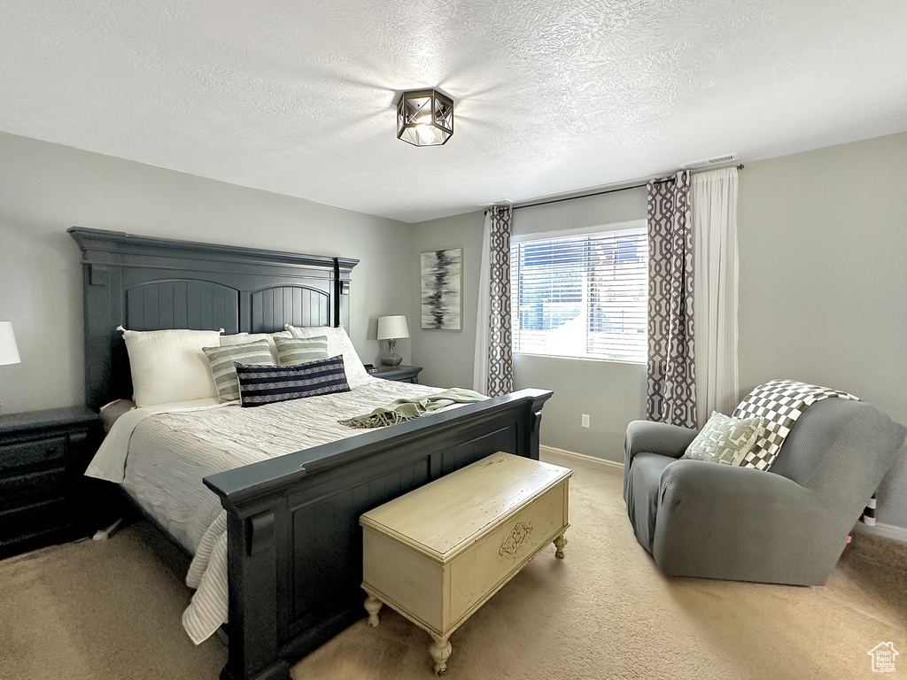 Carpeted bedroom featuring a textured ceiling