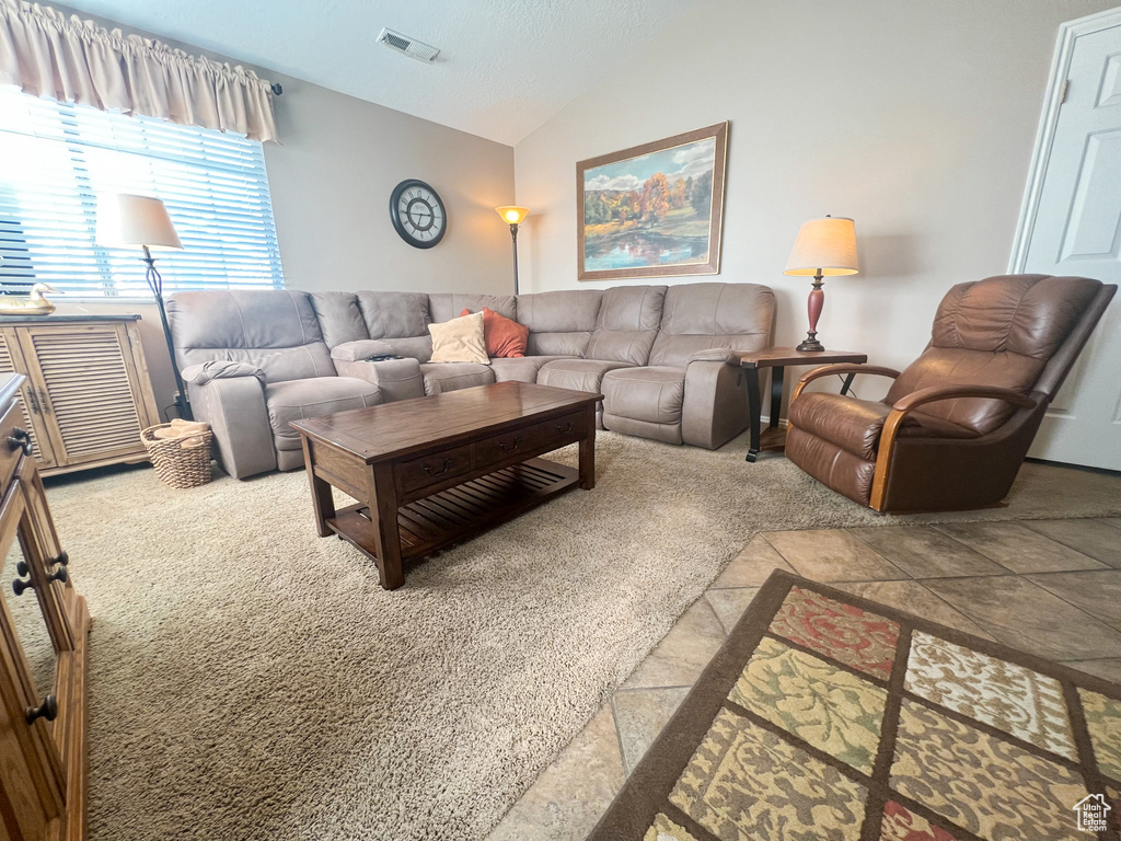 Living room featuring lofted ceiling and carpet floors