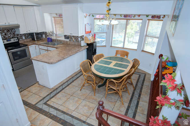Kitchen with backsplash, kitchen peninsula, white cabinetry, stainless steel electric stove, and decorative light fixtures