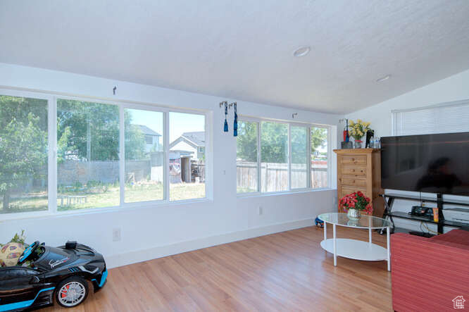 Living room with wood-type flooring and lofted ceiling