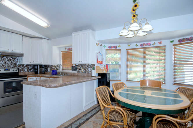 Kitchen with white cabinetry, decorative backsplash, lofted ceiling, and stainless steel range with electric cooktop