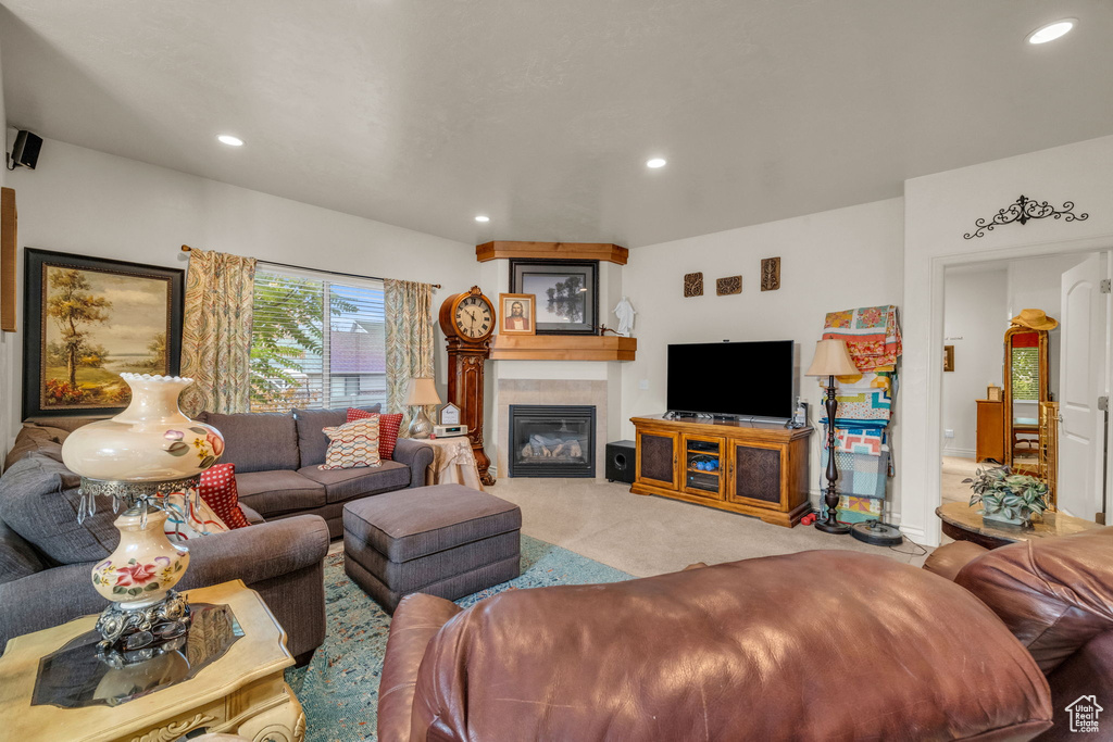 Living room featuring light colored carpet