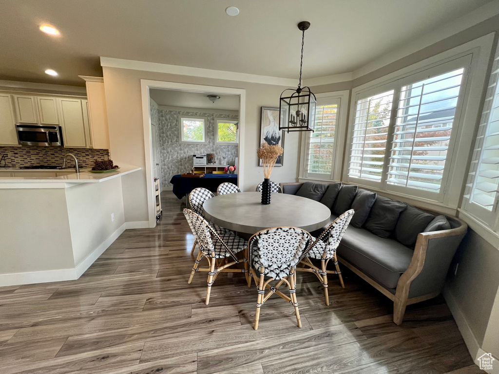 Dining area with hardwood / wood-style floors