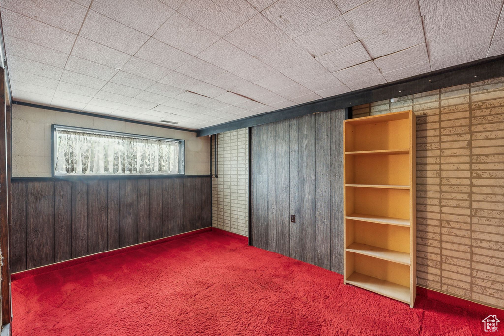 Basement with brick wall, carpet, and wooden walls