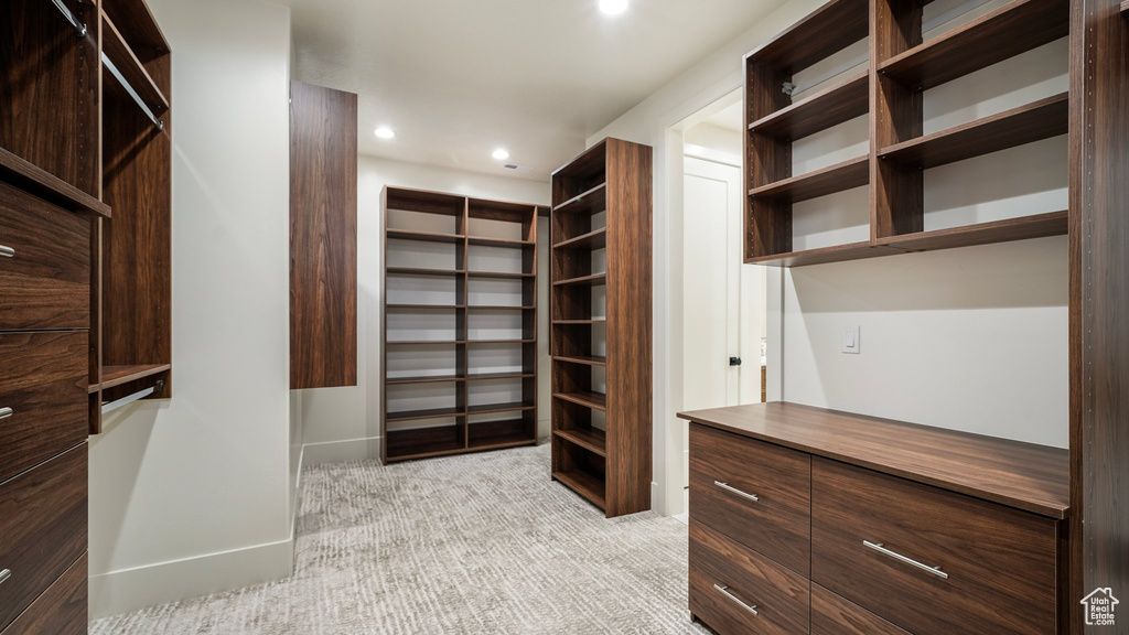 Walk in closet featuring light colored carpet