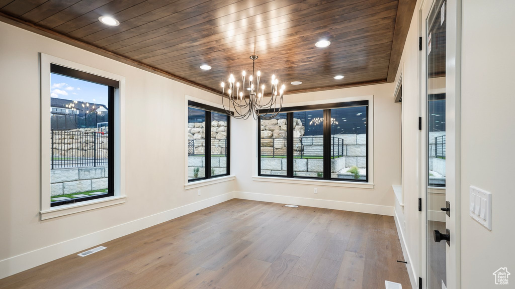 Unfurnished dining area with hardwood / wood-style floors, wood ceiling, and an inviting chandelier