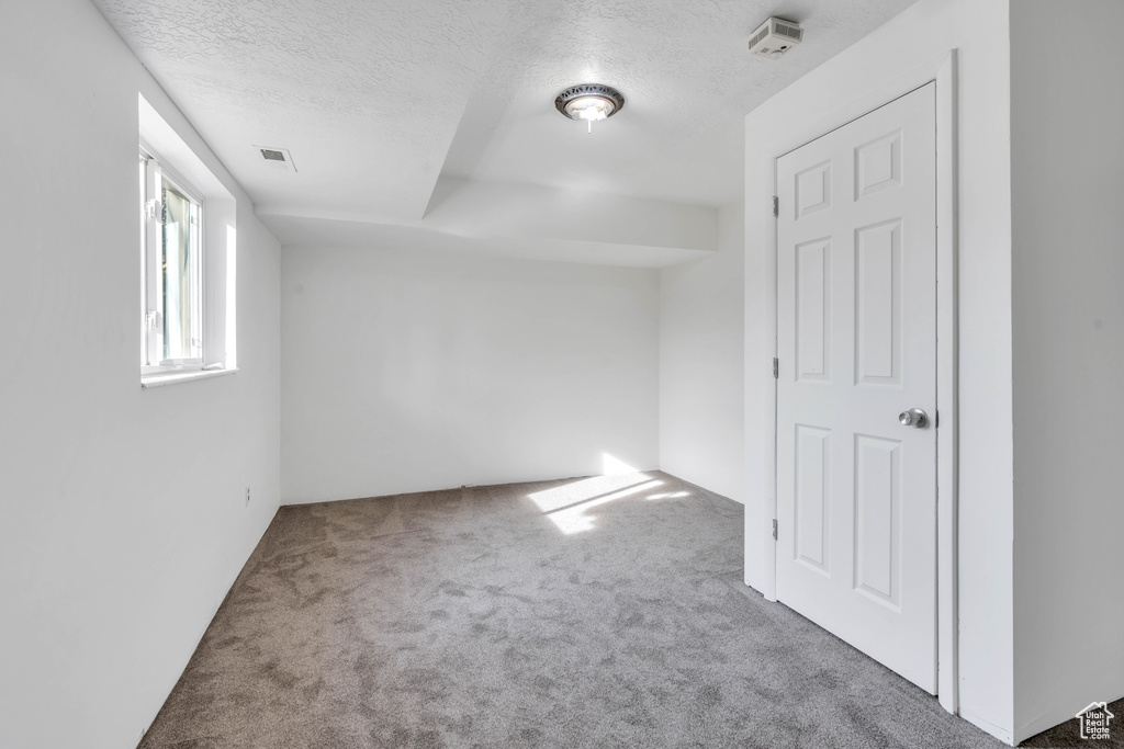 Unfurnished room with carpet and a textured ceiling