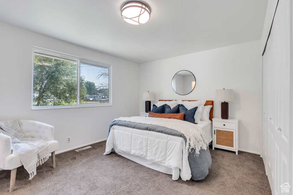 Carpeted bedroom with a closet